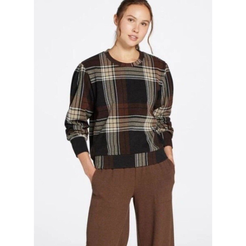 Alpine Design Women's Wanderful Crewneck Sweater Brown Plaid Size L
